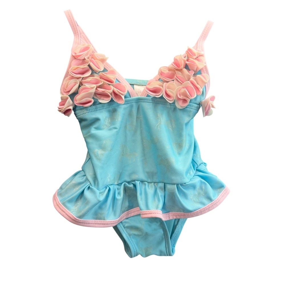 Floatimini One Piece‎ Swimsuit Kids 24M Blue Pink Unicorn Floral 3D Petal Peplum